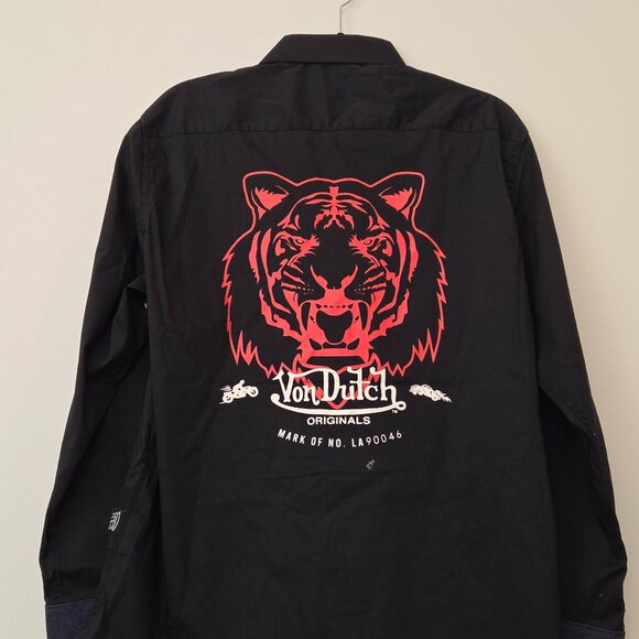 Von Dutch Other - Von Dutch NWT Men's M Black Button Up Shirt Tiger Lion Graphic Denim Cuff